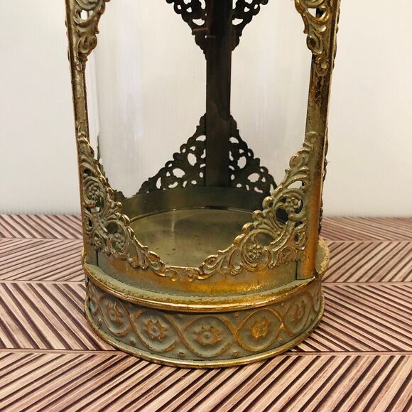 Decorative Lantern Round Gold Tone Metal Glass 15" w/ Handle Christmas Decor - Picture 7 of 8